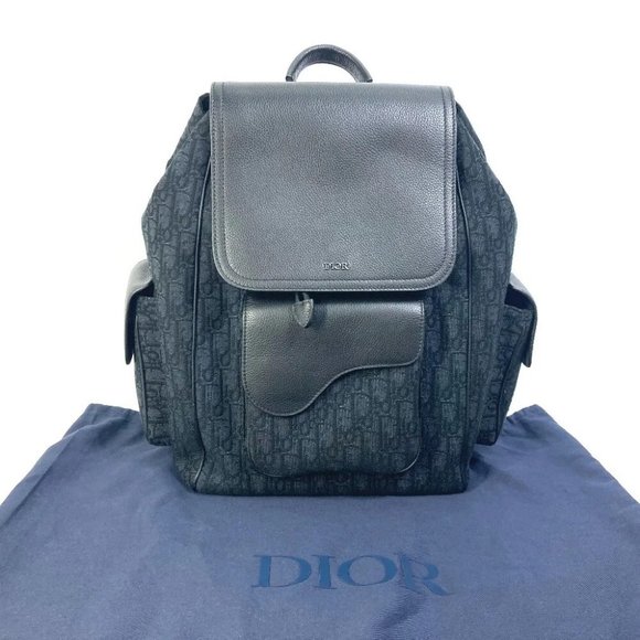 Auth Dior 1ADBA161YKS 23SS Saddle Oblique Backpack Canvas/Leather Navy/Black - Picture 1 of 14